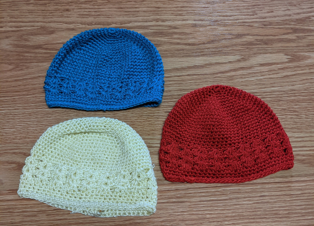 3 infant hats - 0-12m red,tan,blue