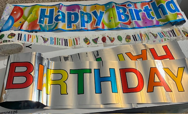 3 Happy Bday Banners shiny and crepe paper