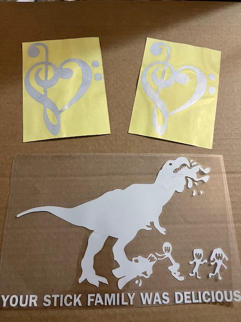 NEW glass/car decals 2 music hearts & 1 dino