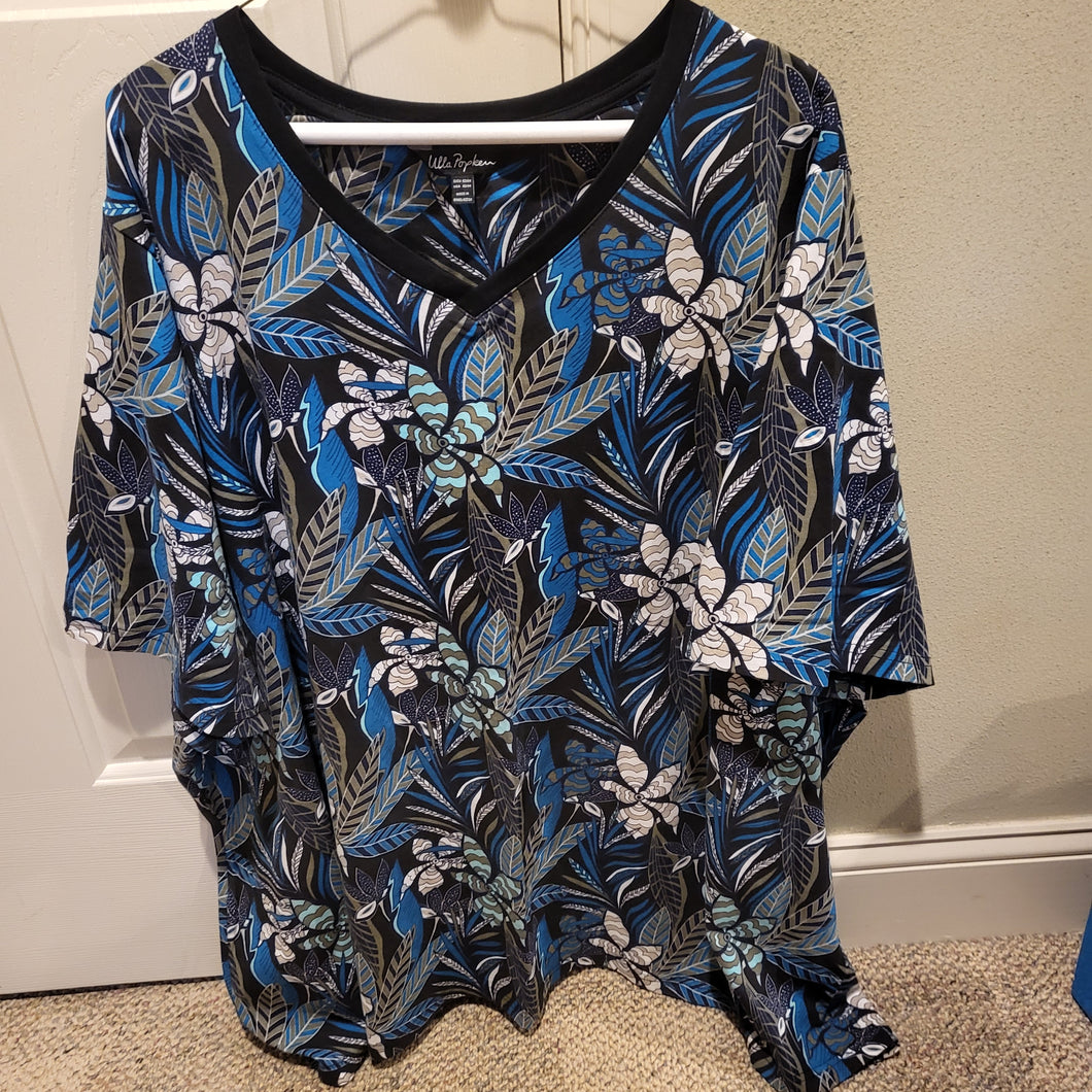 Ulla Popken Black/Teal SS Top, v-neck CottonTee - size Women XXXL (24-26)