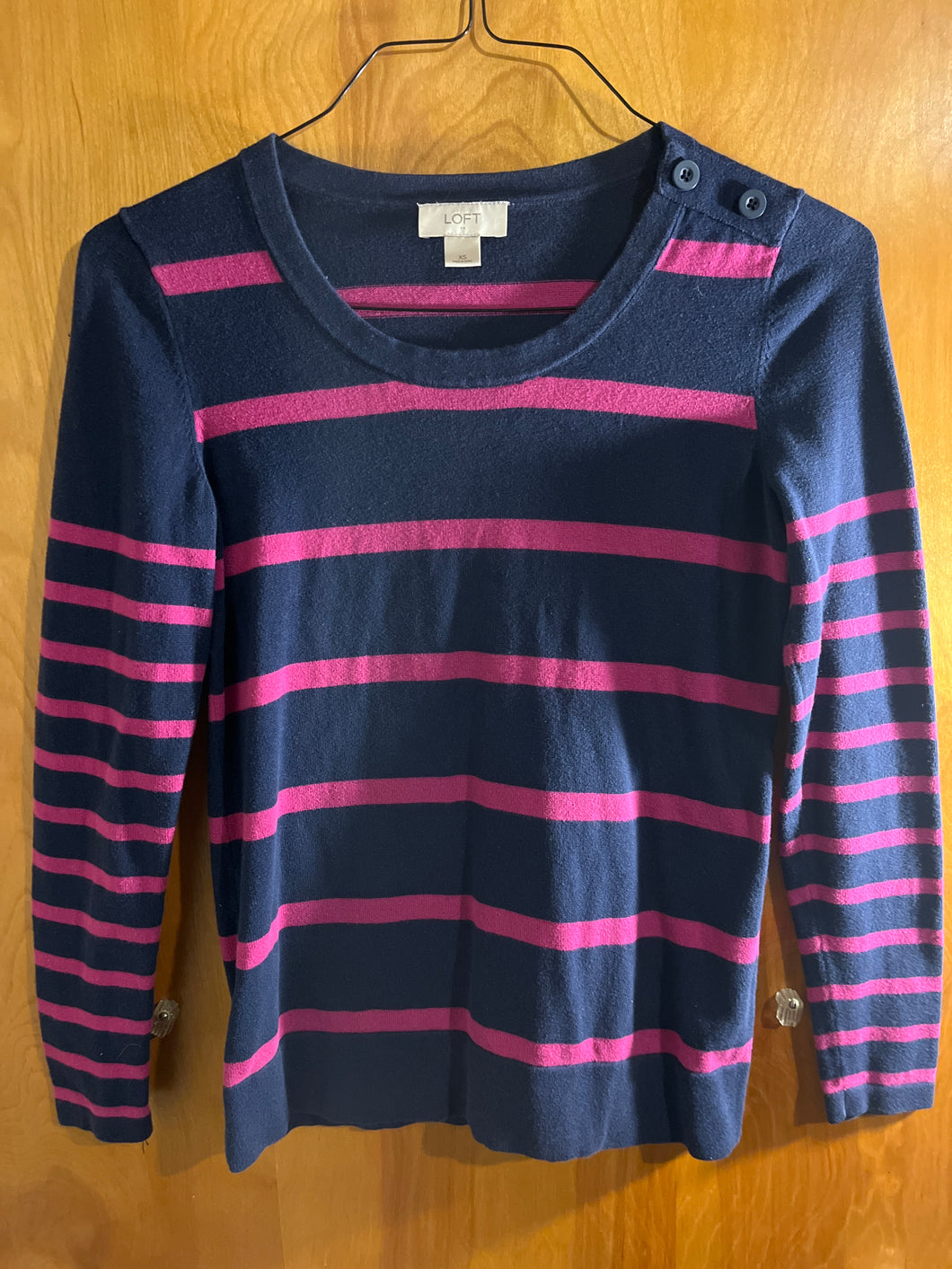 Loft sweater navy w pinkish purple stripes - size Women XS (0-2)