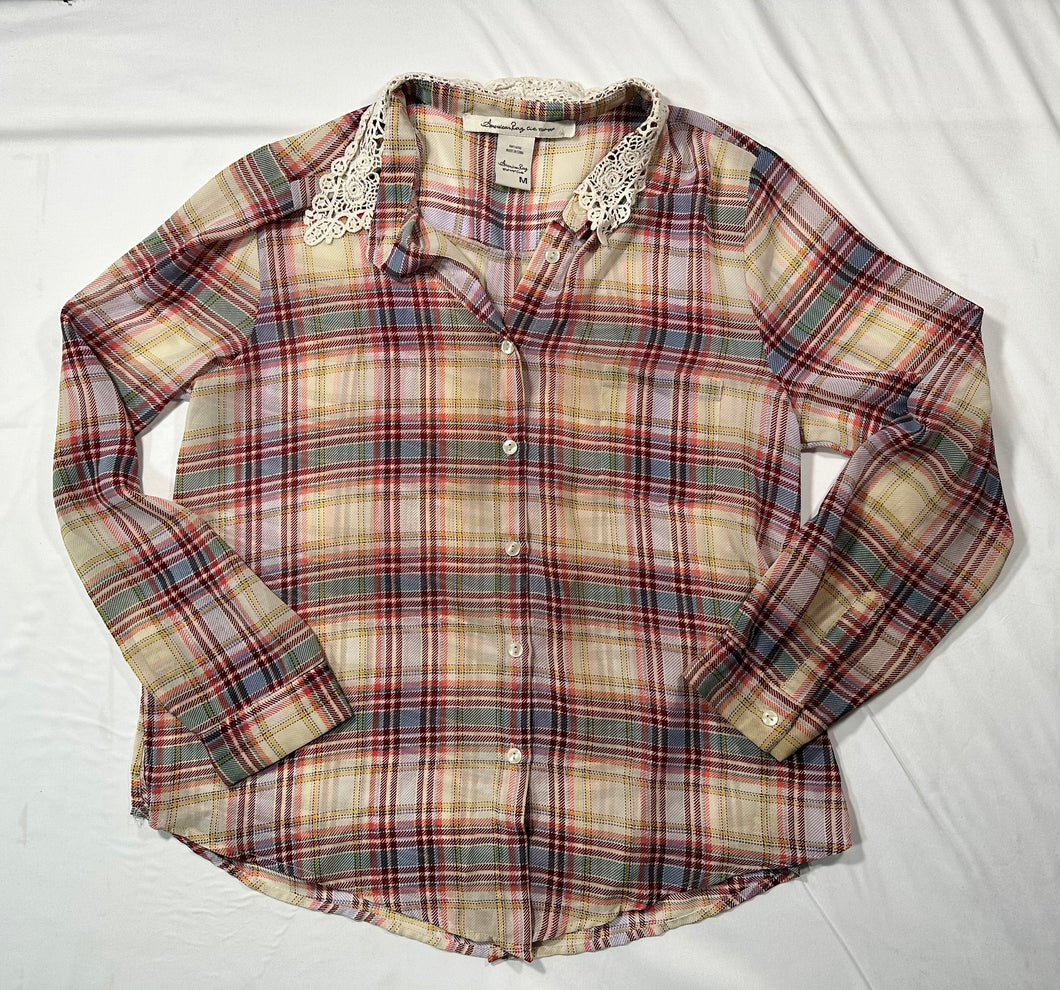 American rag (245) Lace sheer plaid shirt - size Women M (8-10)