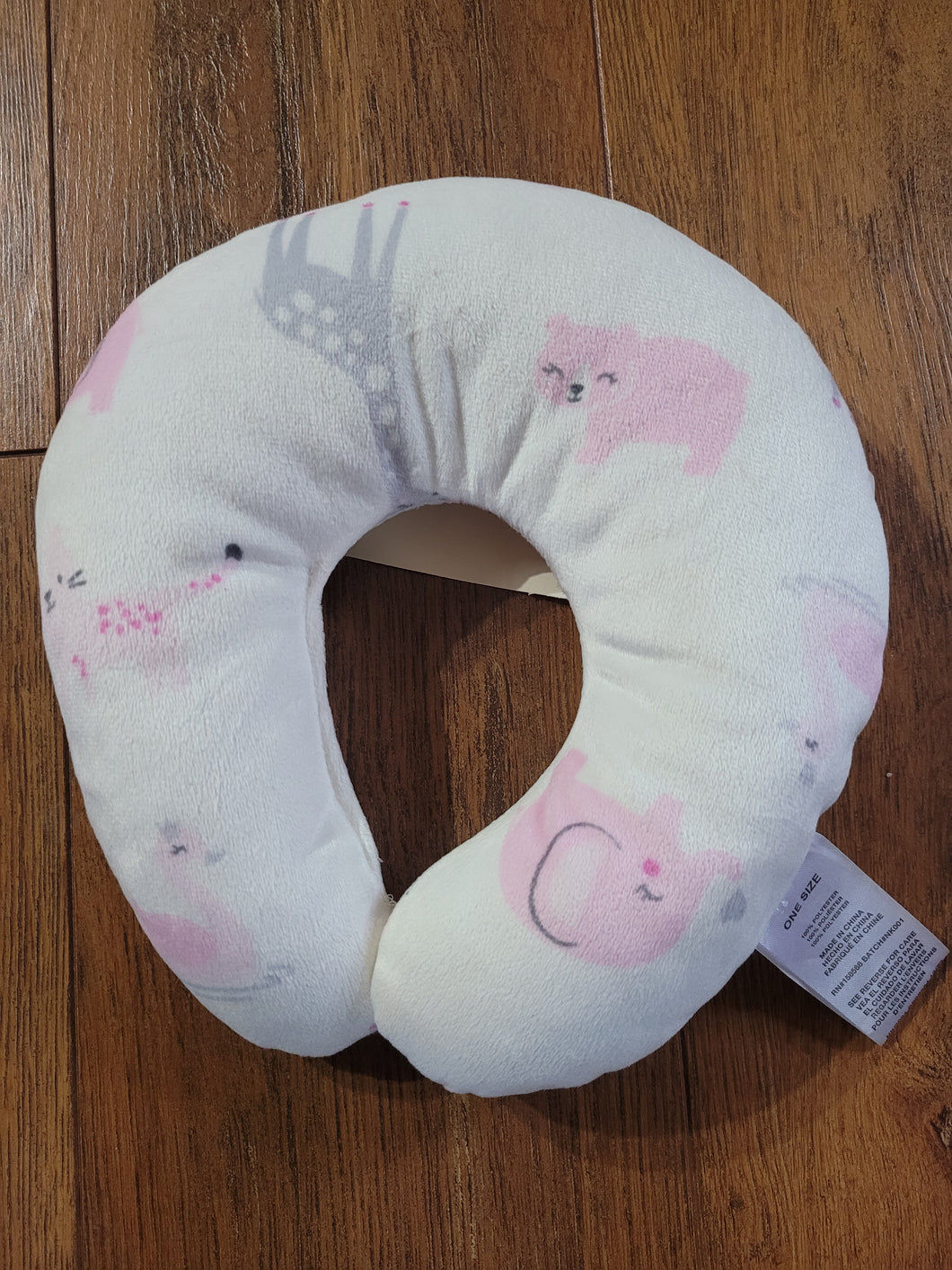 White Plush Infant neck Support W/Pink & Grey