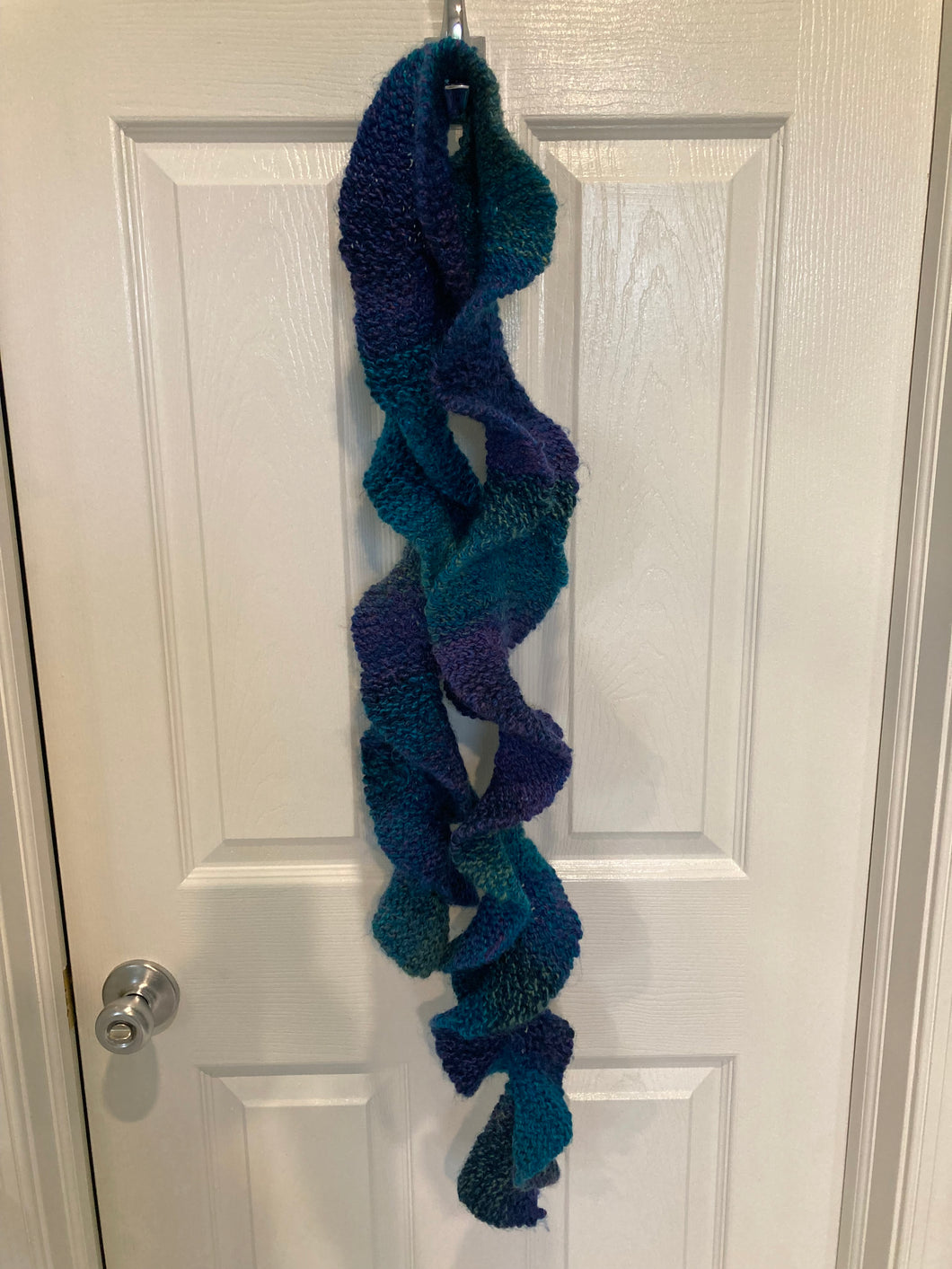 Hand knit ruffle scarf Blue green purple shades
