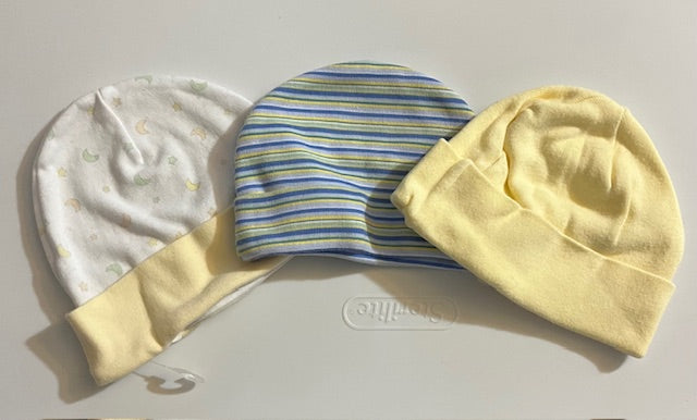 3 baby hats yellow, blue, white moon - size 3 Months