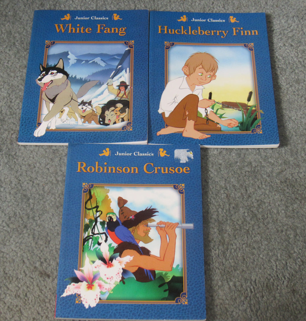 3 Junior Classics bks Huck Finn, White Fang,