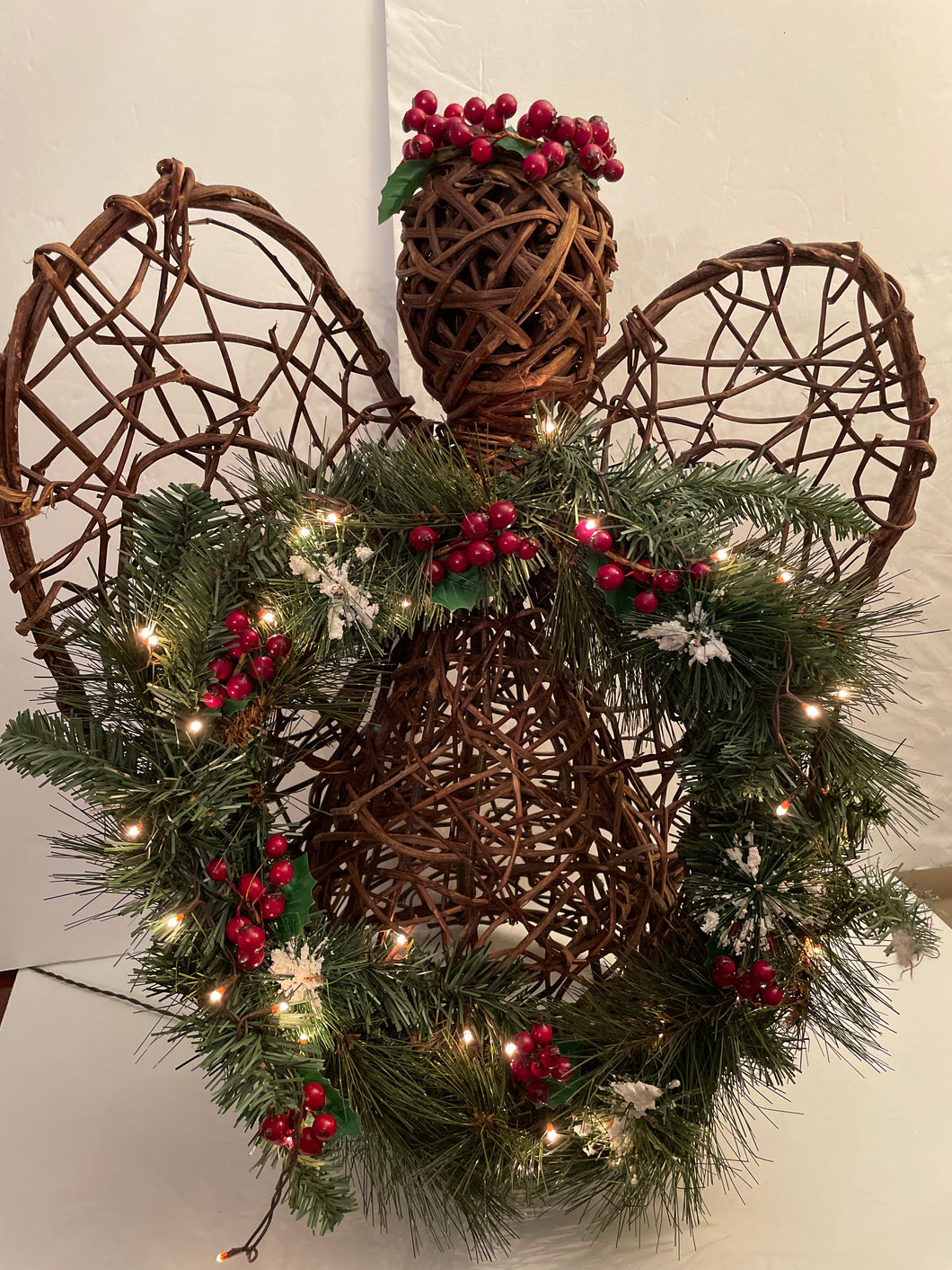 Wicker Lighted Angel w/ Wreath / Berries