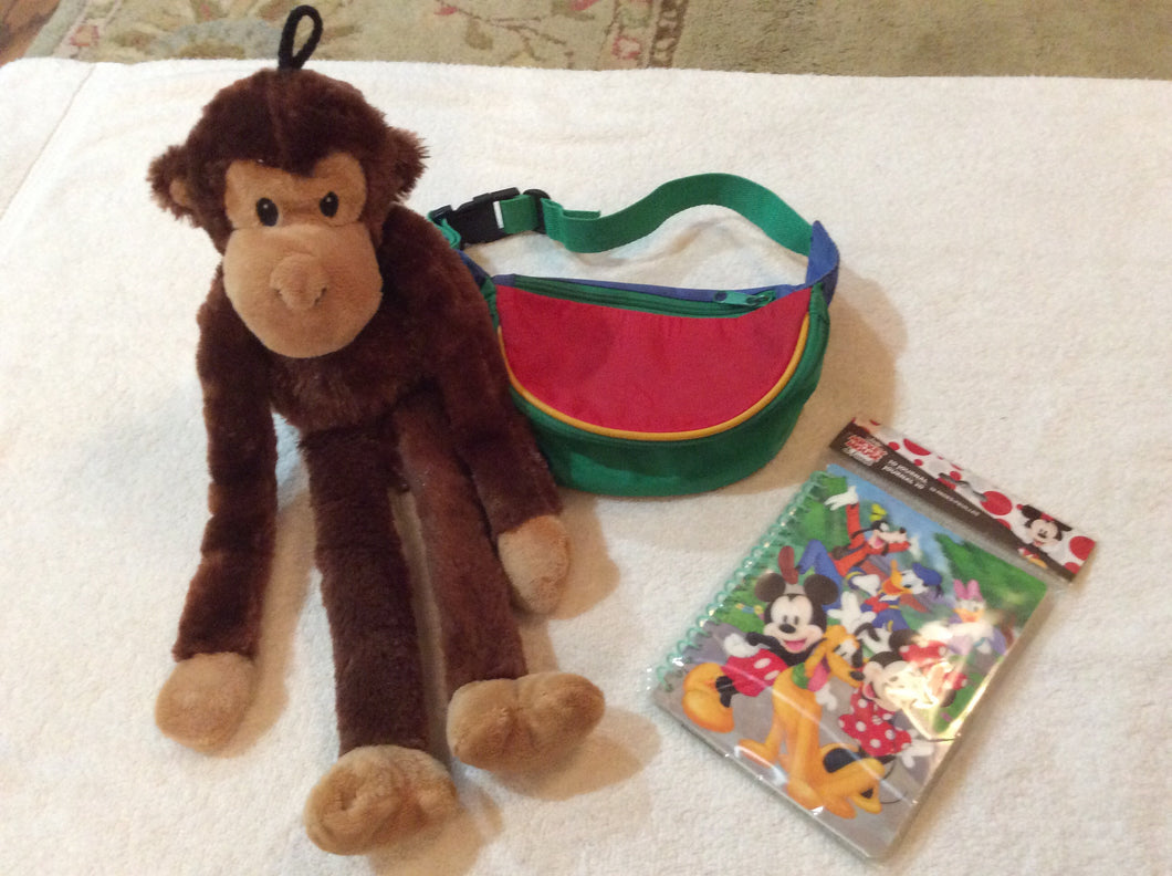 Red blu grn fanny pack Stuffed monkey Disney jo