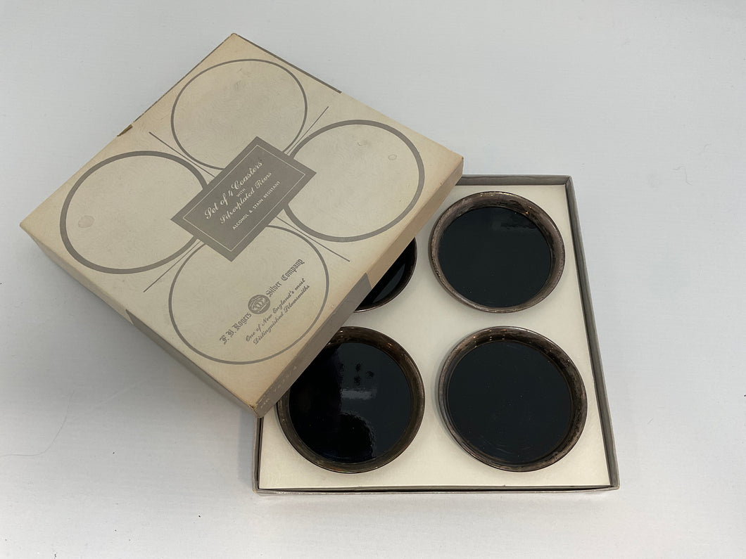 PB Rogers 4x coasters silver plate & Bakelite