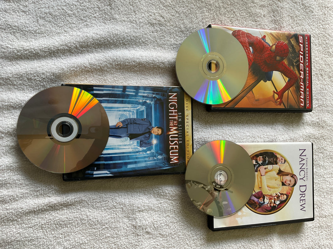 3x dvd spider man, night museum & Nancy drew