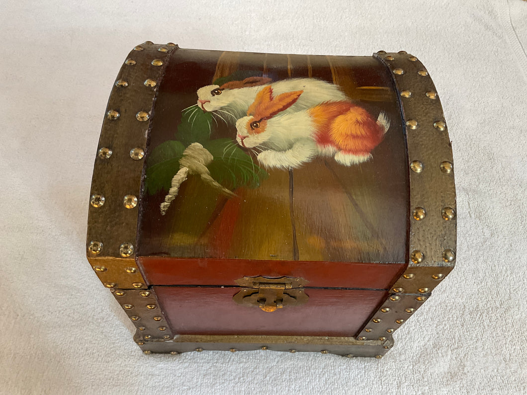 Wooden chest/metal band Rivets-painted rabbits