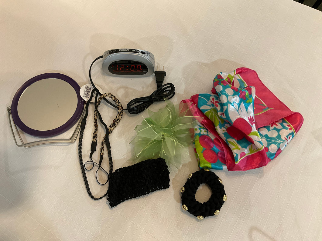 Purp mirror, mini alarm clock & 6 hair accessor