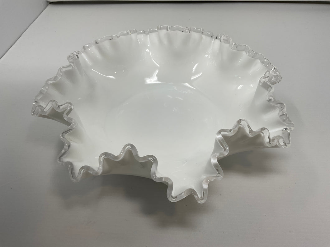 Fenton 11 bowl milk glass w clear ruffle edg