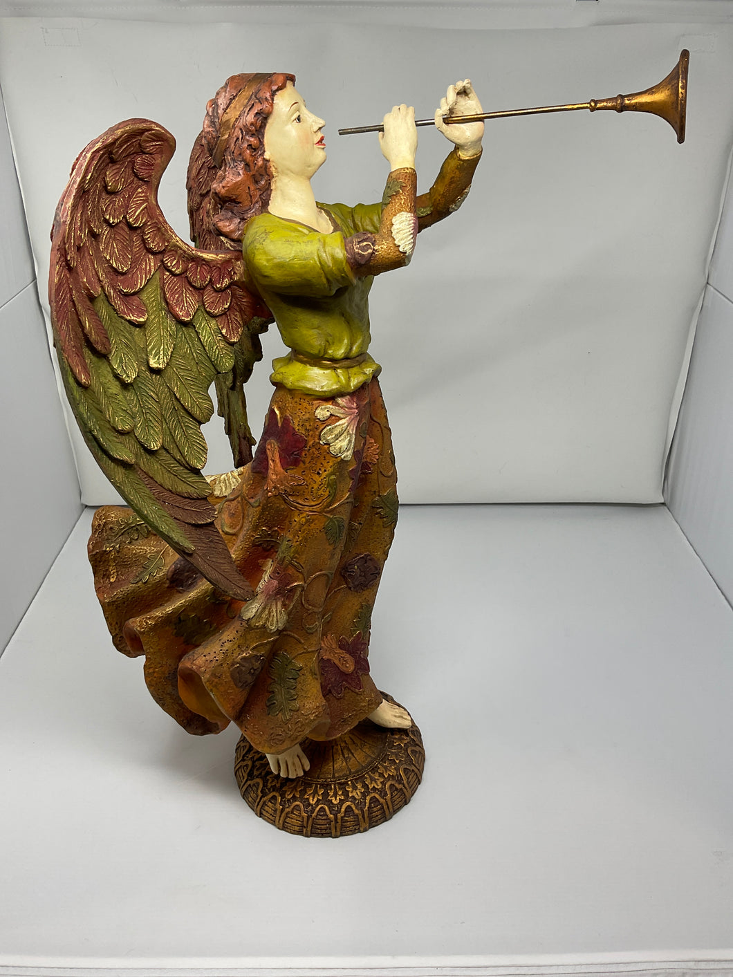 Vtg Dept 56 22 resin Angel w horn & stand