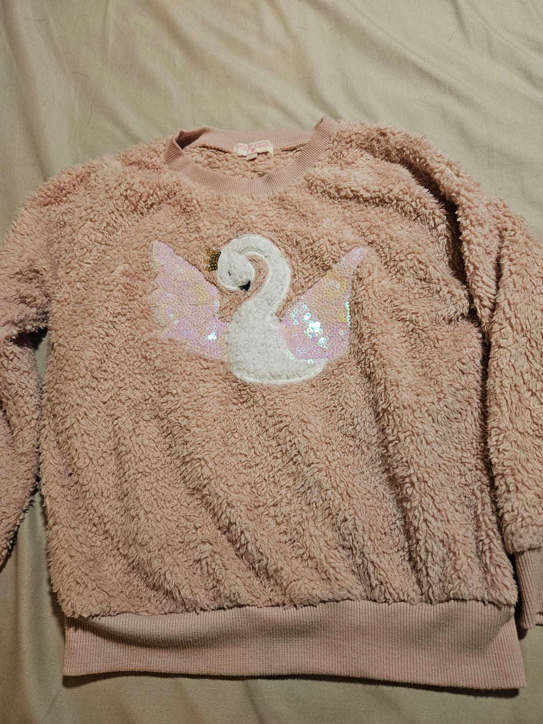 Poof girl pink fleece Sweatshirt white swan - size Kids 10