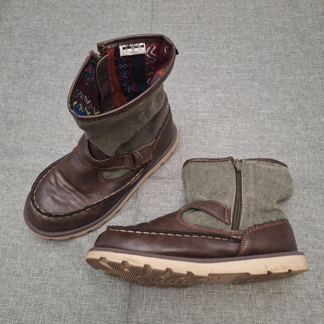 CARTERS BOOTS GREEN BROWN W/PATTERN INSIDE - size Shoes-youth  2