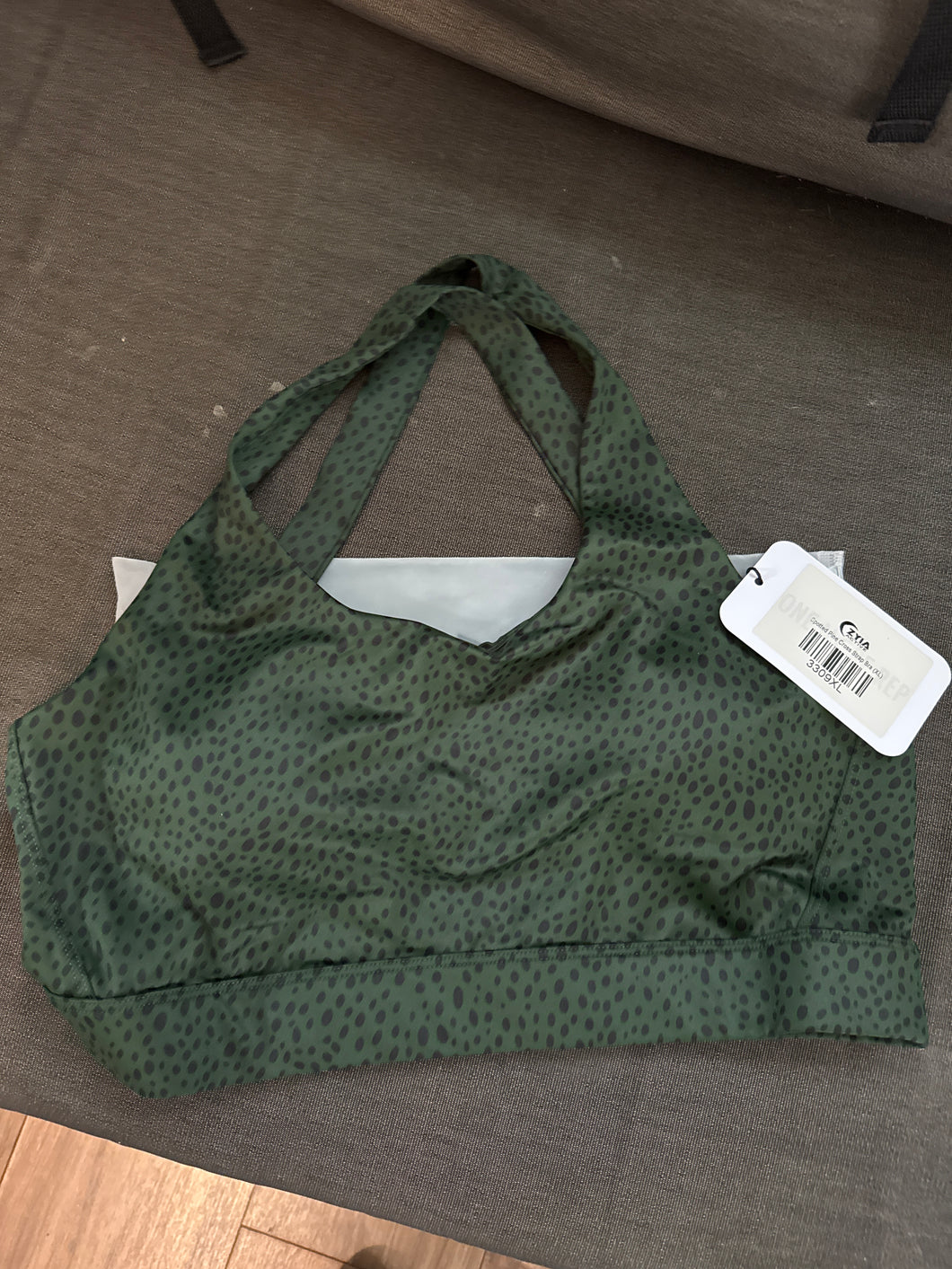 NWT Zyia Spotted Pine Cross Strap Bra - size Women XL (14)