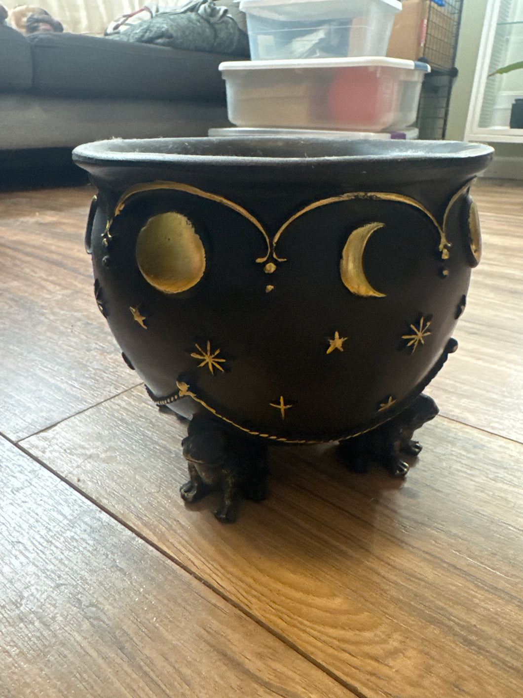 Witches cauldron/planter Black w/ gold design