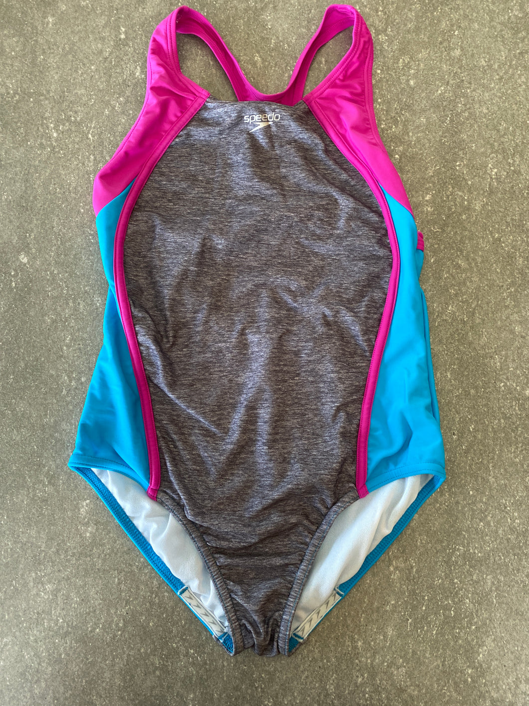 Speedo swim suit 1-pc Gray pink teal - size Kids 14