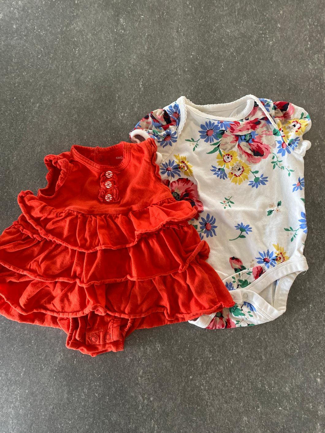 Sun dress & onesie Red ruffle, wht flower - size 3 Months