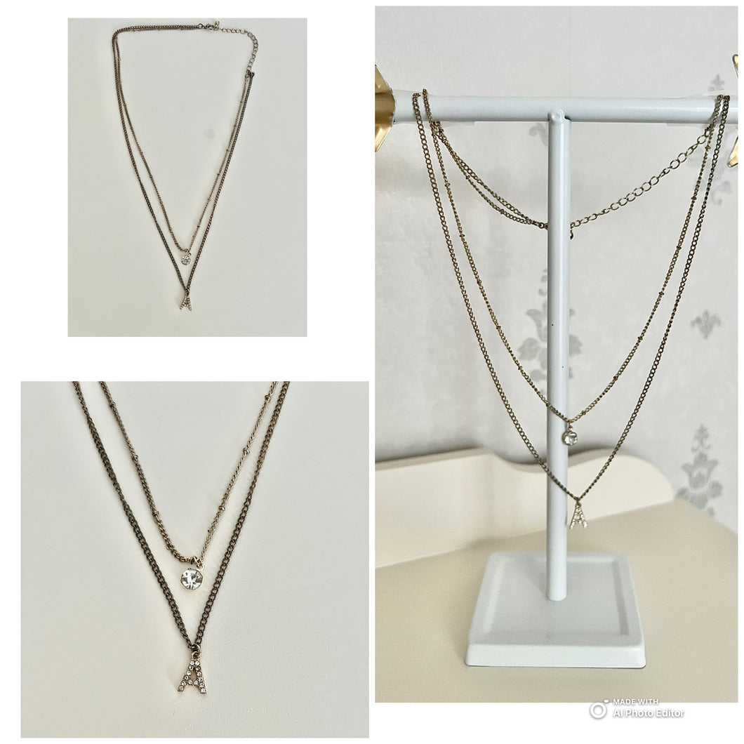 Double-layered gold A charm necklace, 10-12