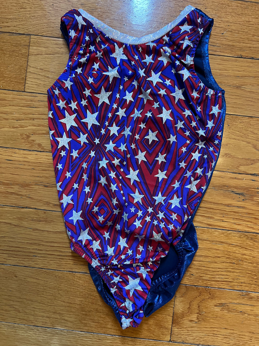 GYMNASTICS LEOTARD RED/WHITE/BLUE W/STARS - size Kids 8