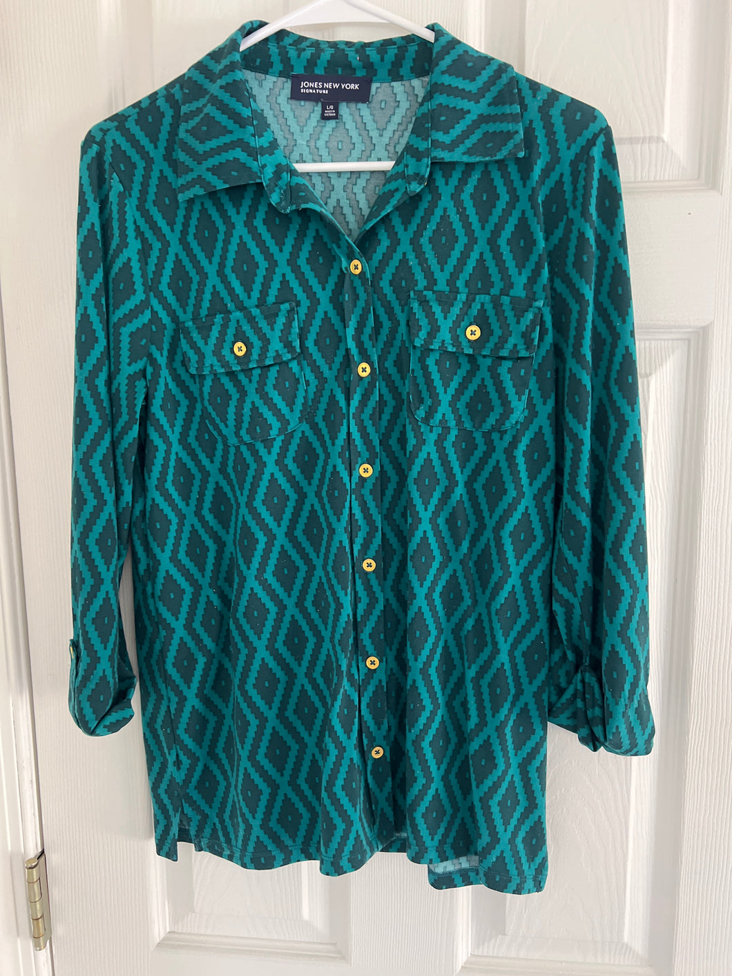 JONES NEW YORK SHIRT LG SLV-GREEN/BLACK - size Women L (12)