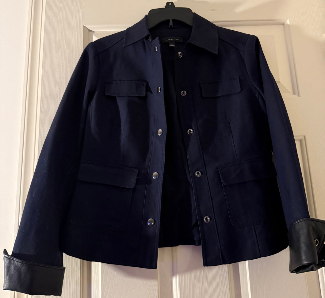 Ann Taylor navy Snap jacket w leather - size Women XS (0-2)