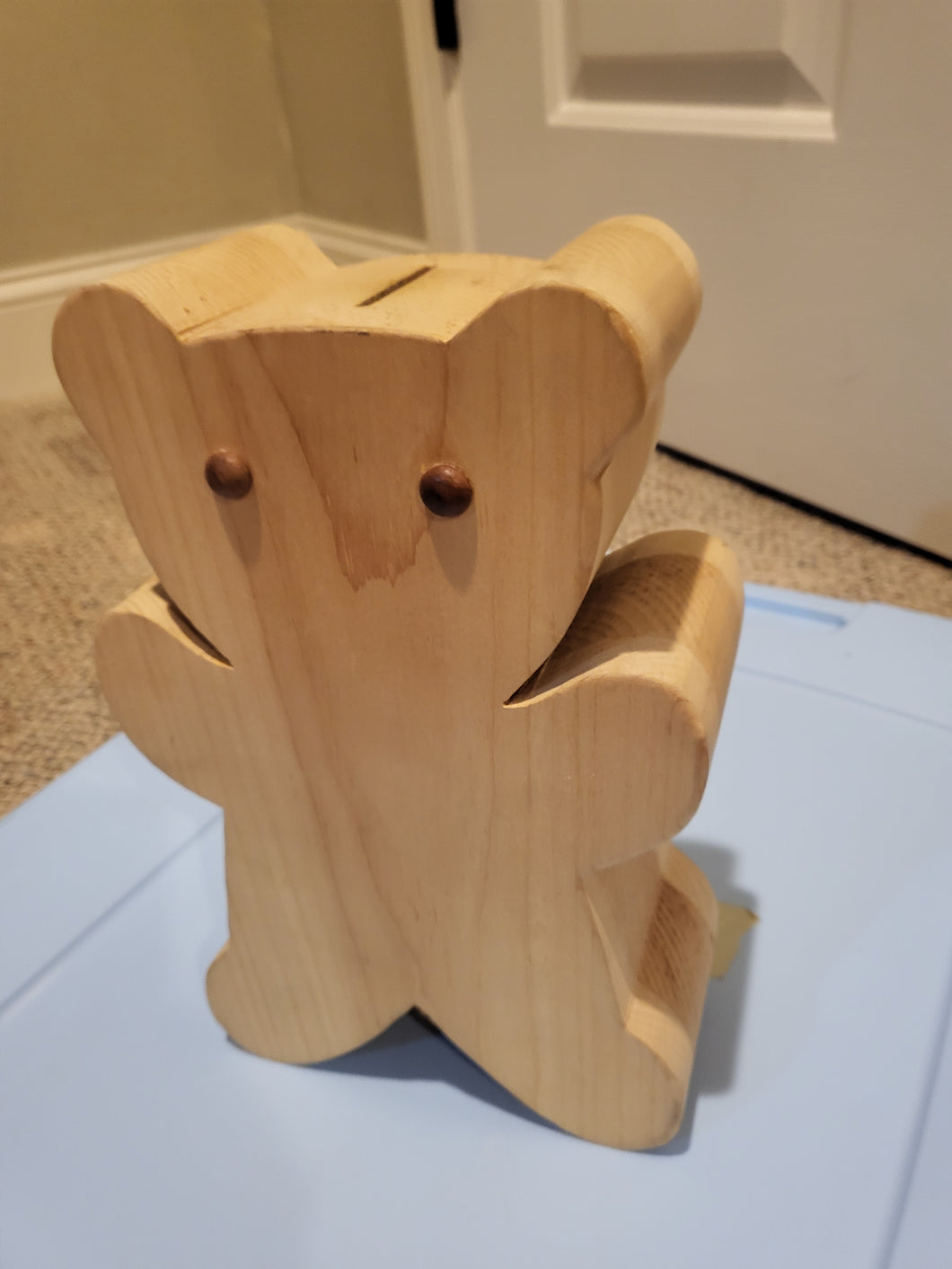 Wooden Teddy Bear Bank w/Cork