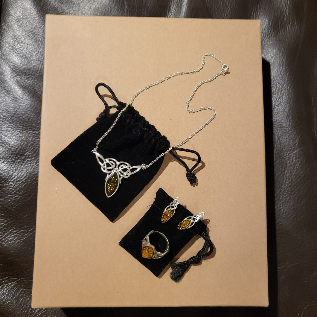 Amber/Sterling Silver4pc Scroll Pendant, Ring Set