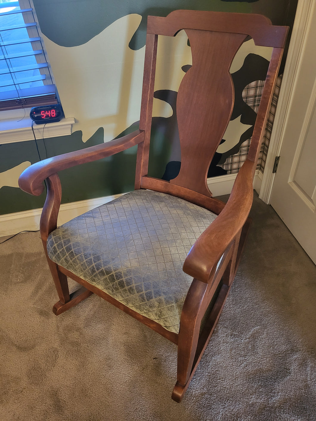 Mahogany Rocker w/sage Chenille upholstery seat