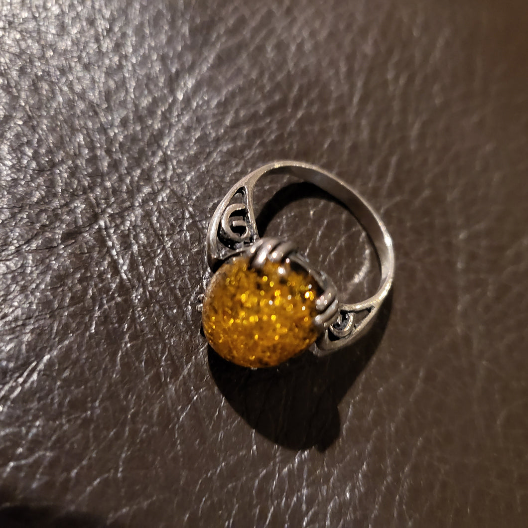 Amber & Sterling Silver Oval Stone, Scroll Ring