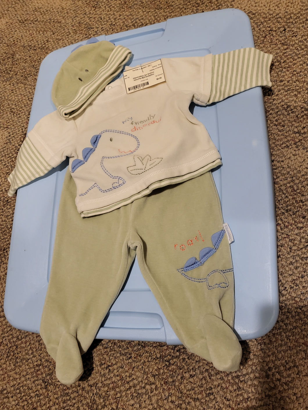VitaminsBaby 3pc Grn/Crm VelourPjs:MyFriendlyDino - size 6-9 Months