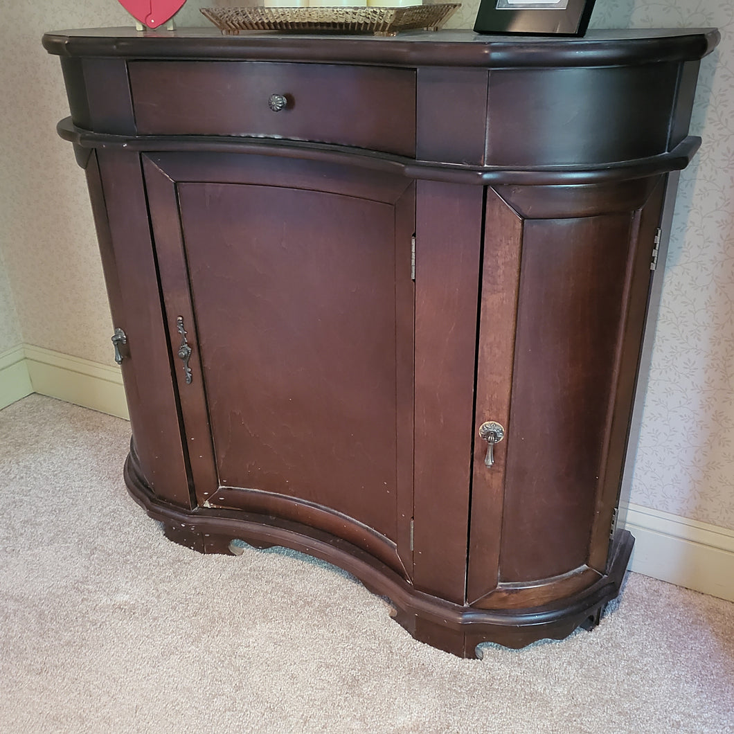 Rounded Console cabinet Waln finish, metal hrdwr