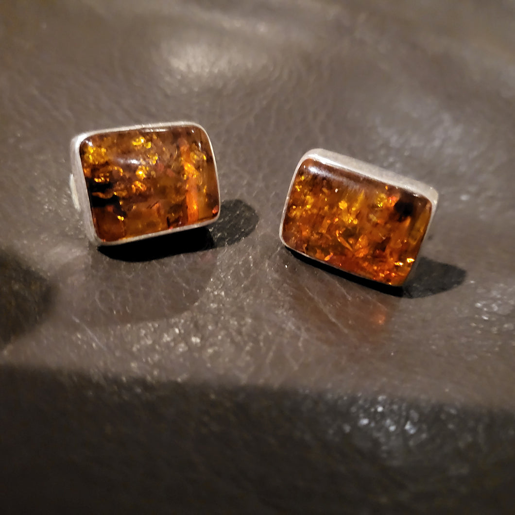 Amber & Sterling Silver Earrings, Rectangular