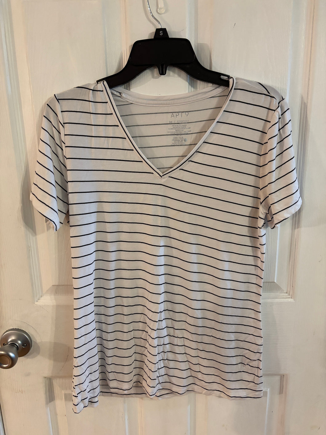 Apt 9 SS white w Blk Stripes tee. Silky mat - size Women M (8-10)