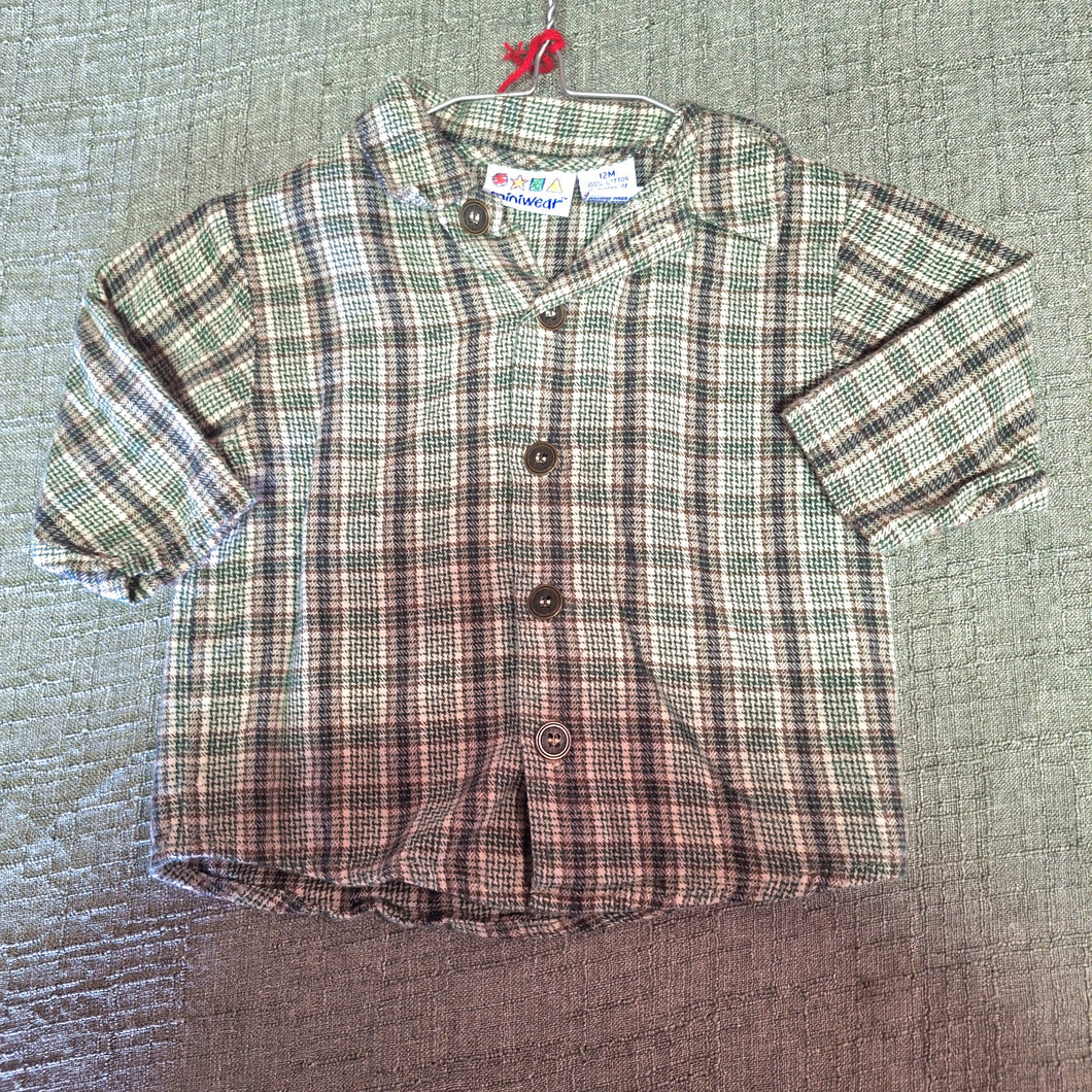 MINIWEAR BUTTON DOWN GREEN BROWN SHIRT 12M - size 12 Months