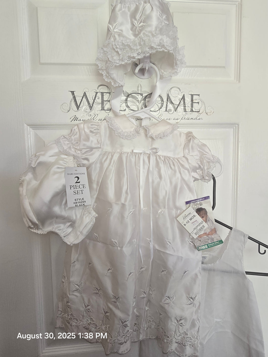 JcPenney 4pc Christening NWT Dress Bonnet Set - size 12 Months