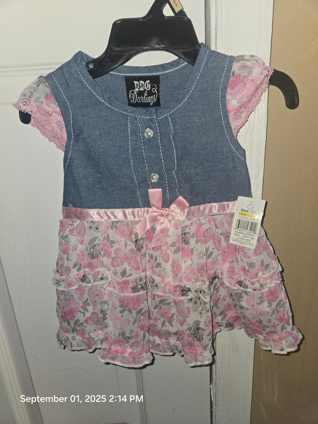 Butterfly Pink Floral Ruffle Denim Dress Shirt - size 18 Months