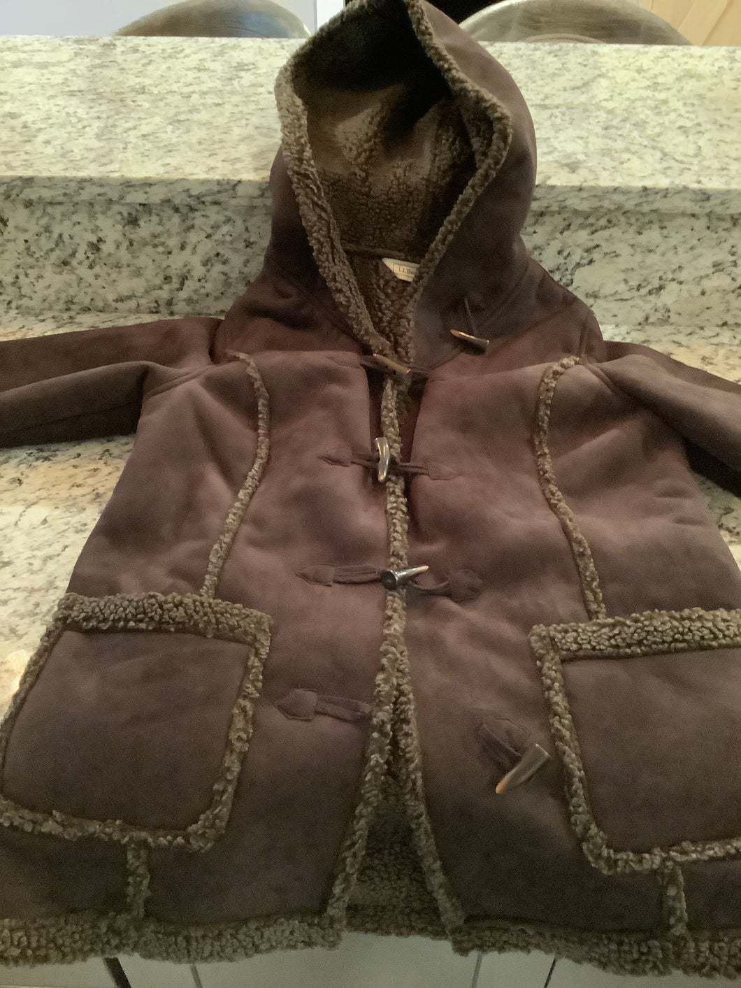 LL Bean leather coat Chocolate brown, hood - size Women M (8-10)