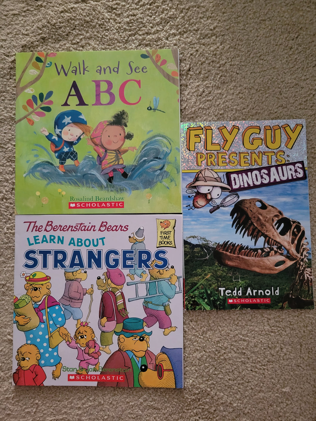 3 Scholastic books ABC, strangers, dinos