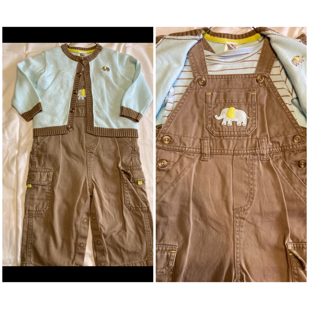 Carters 3-Pc Overall Set Blue Sweater W/Elephant - size 12 Months