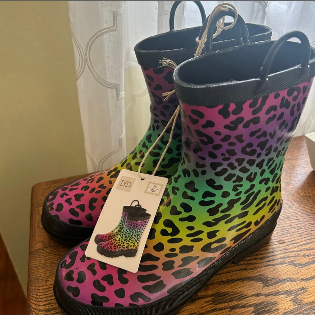 NEW Lily & Dan rainboots Rainbow leopard cheetah - size Shoes-youth  2