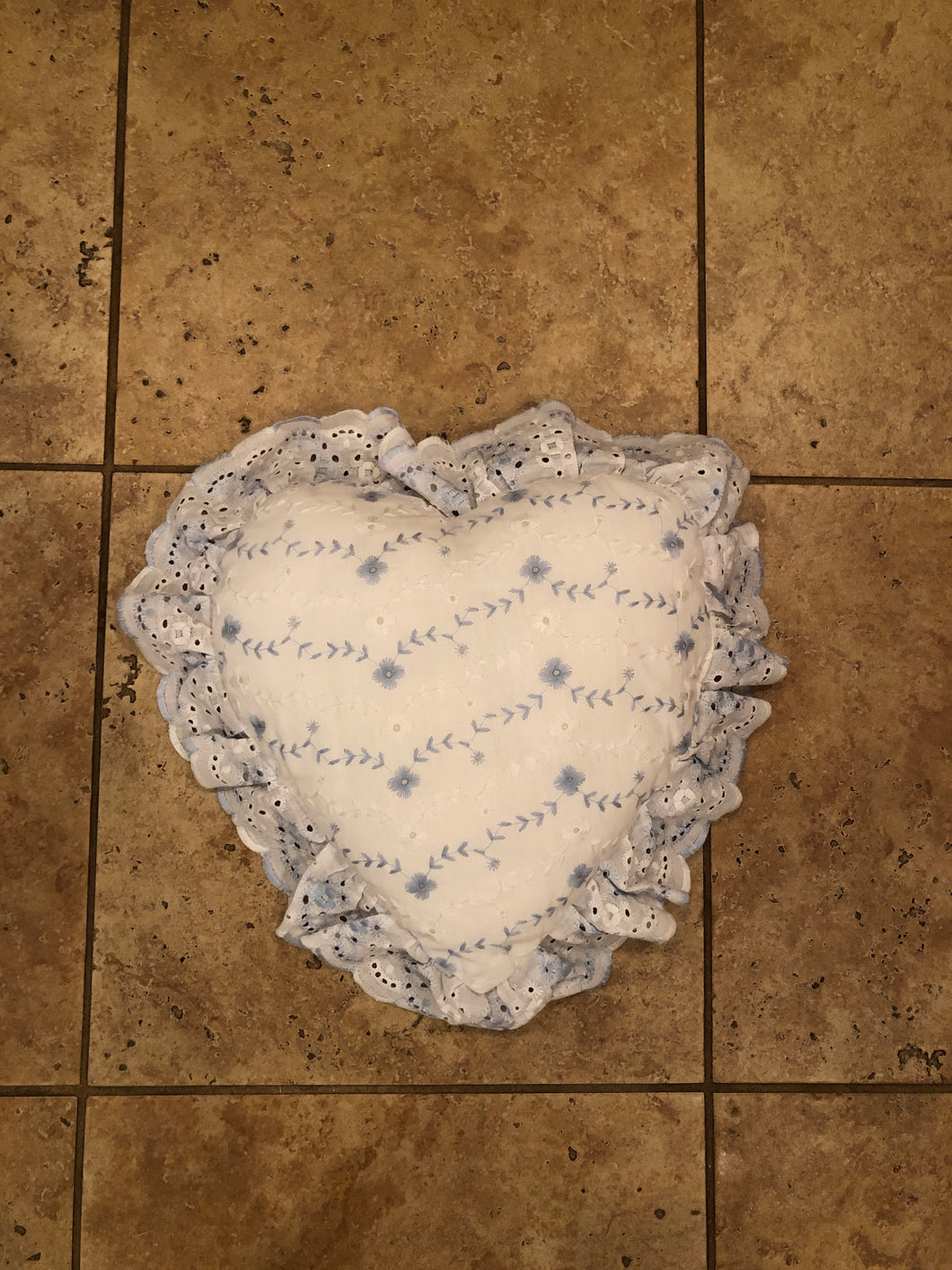 Heart pillow with blue accent eyelet/lace