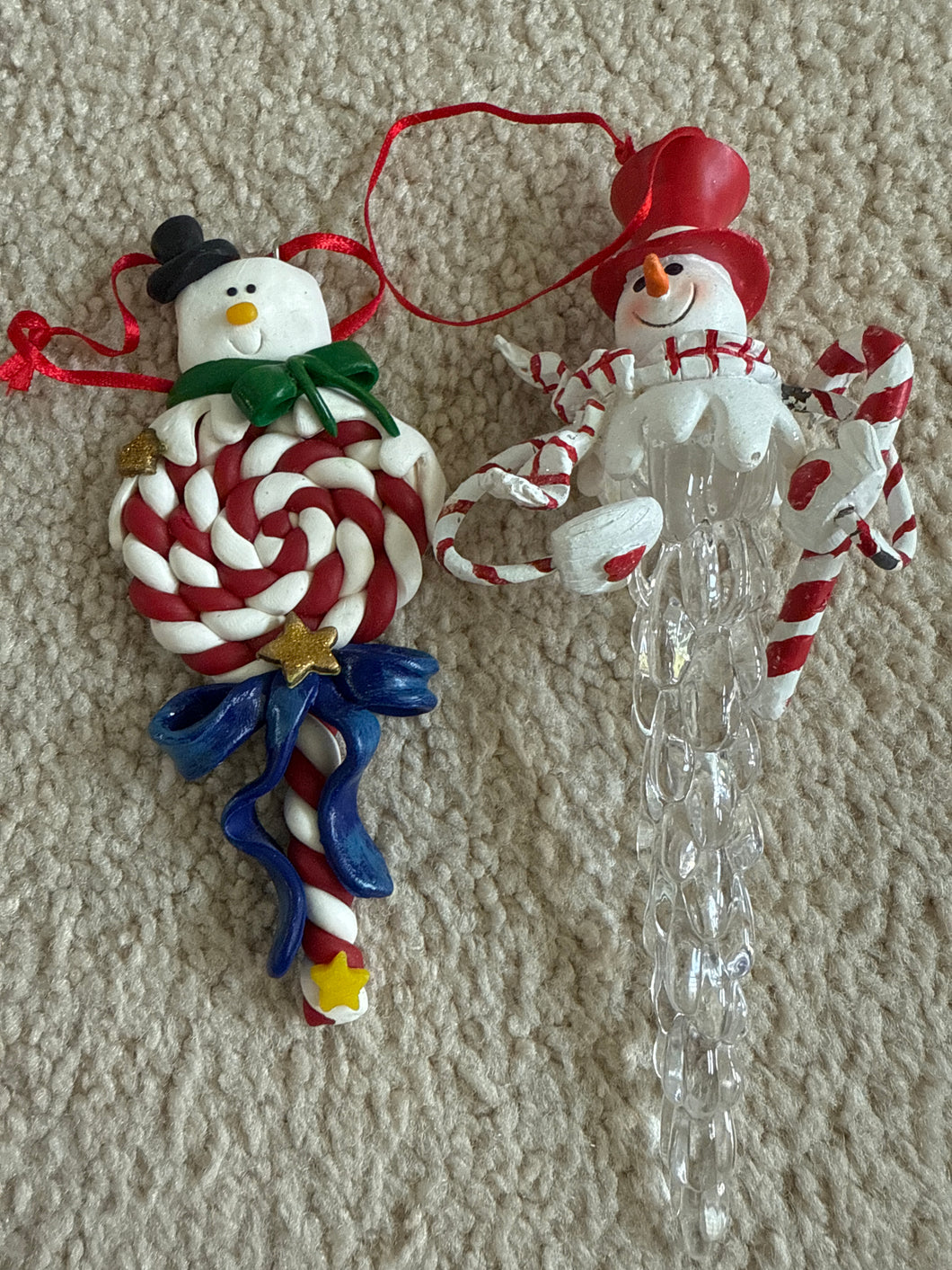 2 snowmen ornaments Icicle and lollipop