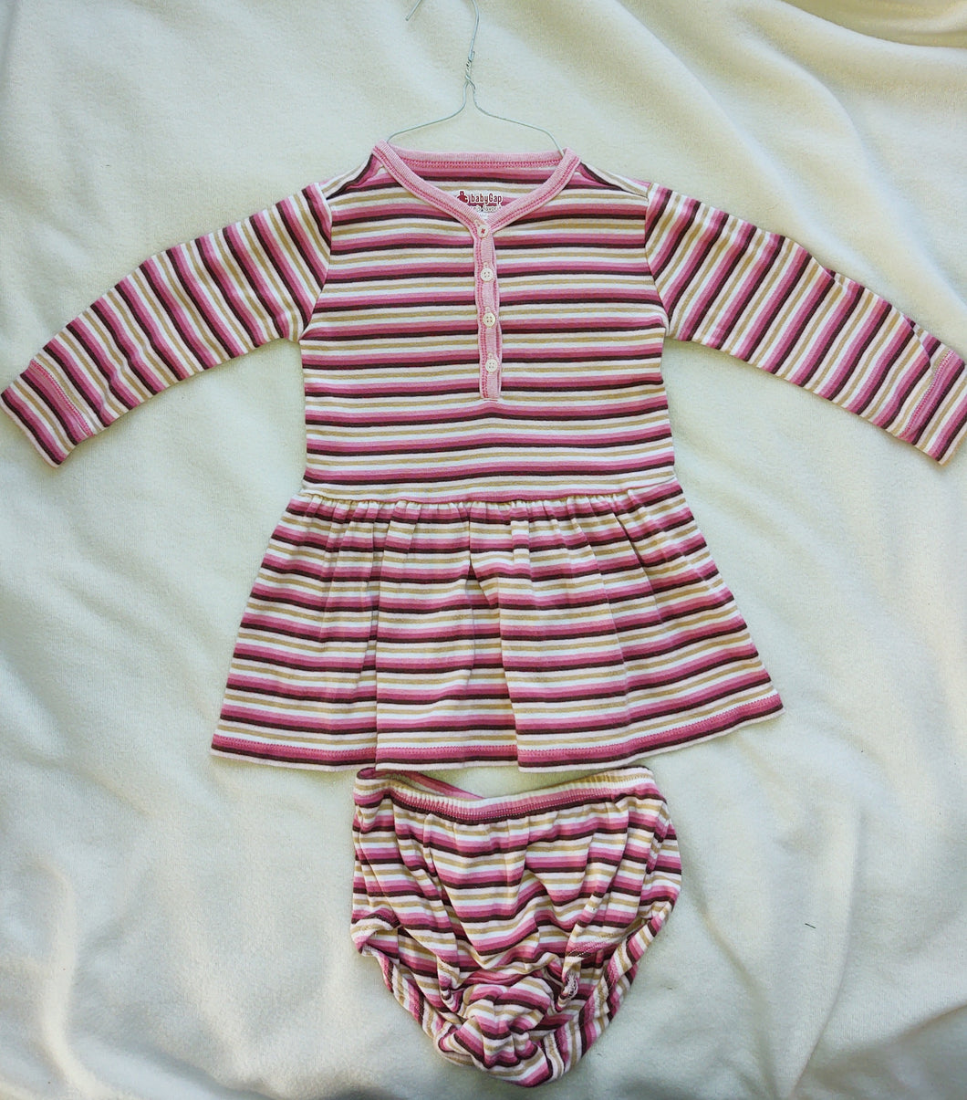 BabyGap LS cotton dress pinks/brn/cream stripes - size 12-18 Months