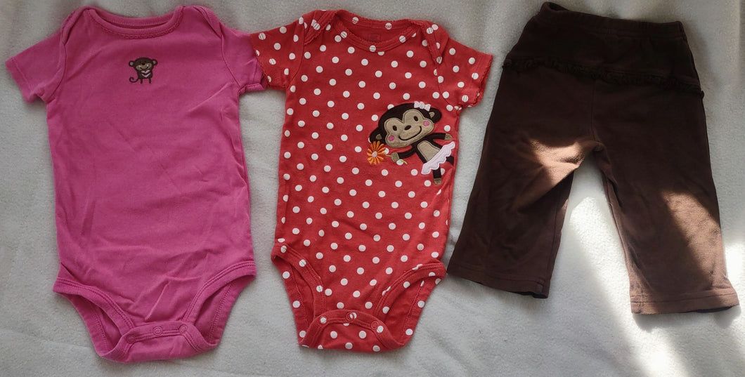 3pc brown pant & 2 SS onsies coral, pink monke - size 9 Months