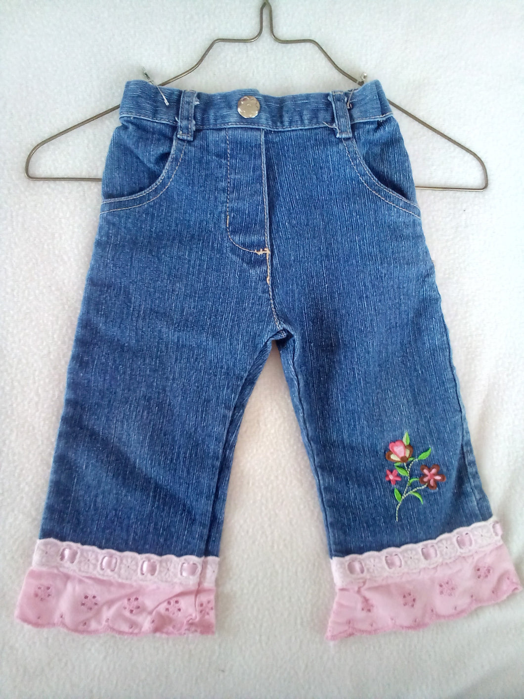 Jeans elastic waist pink lace hems - size 12 Months
