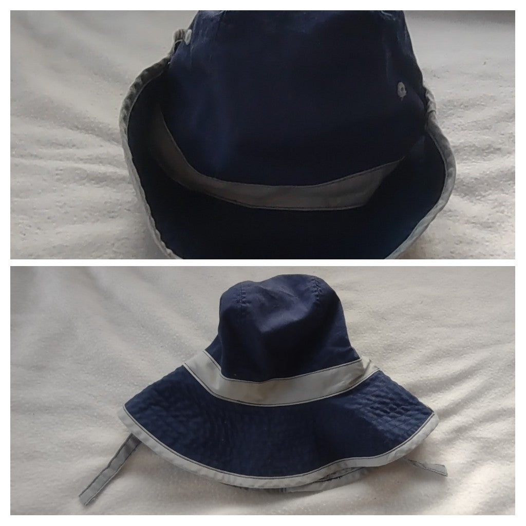bucket hat navy & gray w strap, & can snap sides - size 12-18 Months