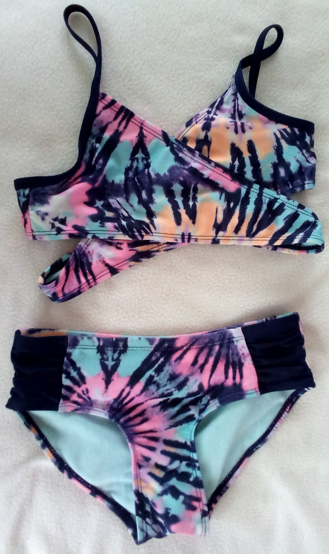 Justice 2pc swim suit Navy/aqua/pink tie dye - size Kids 7